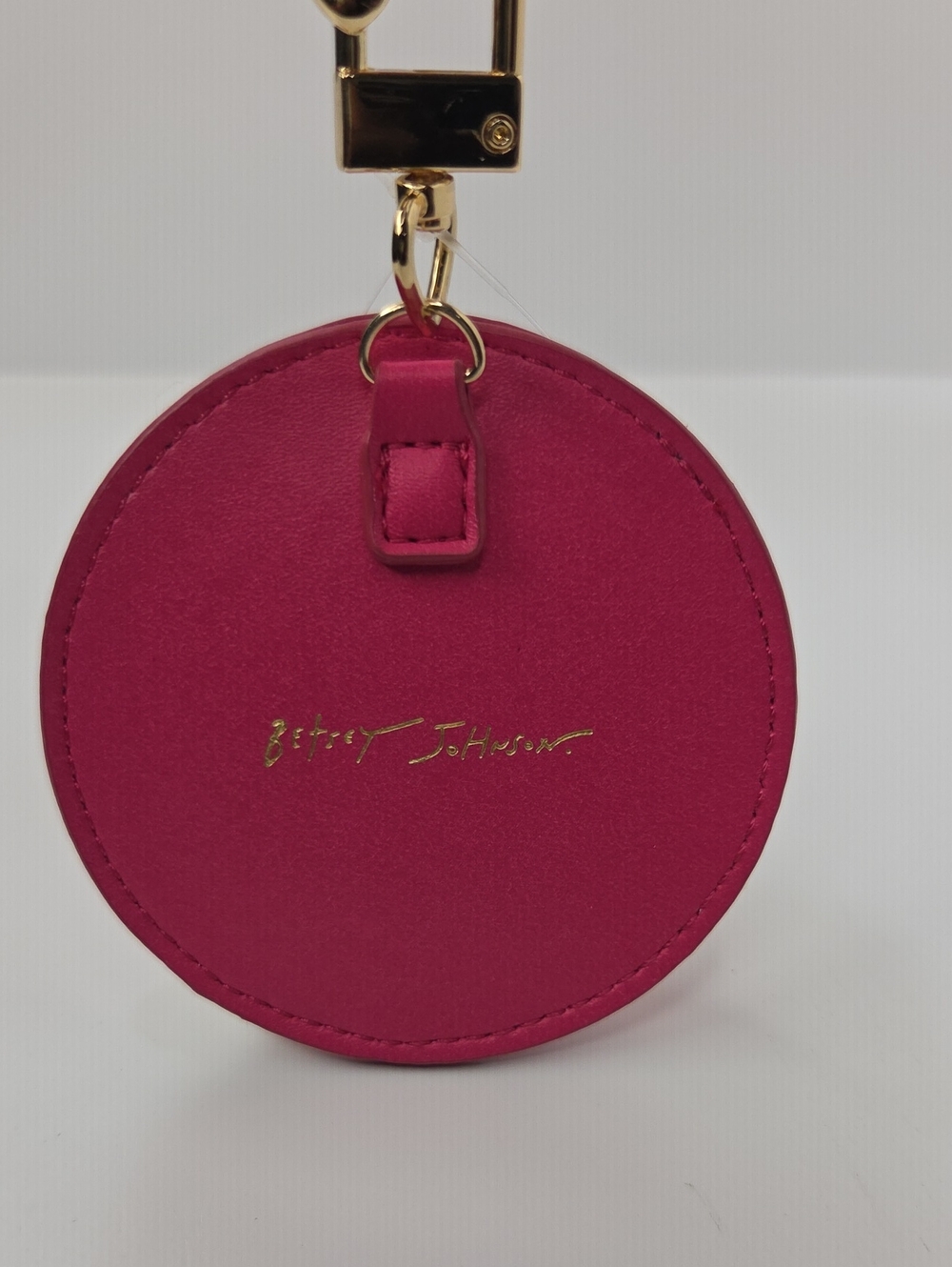 💕▪️Betsey Johnson ▪️Round Pink Stripe Keychain Card Holder with Gold Clip - Picture 3 of 4
